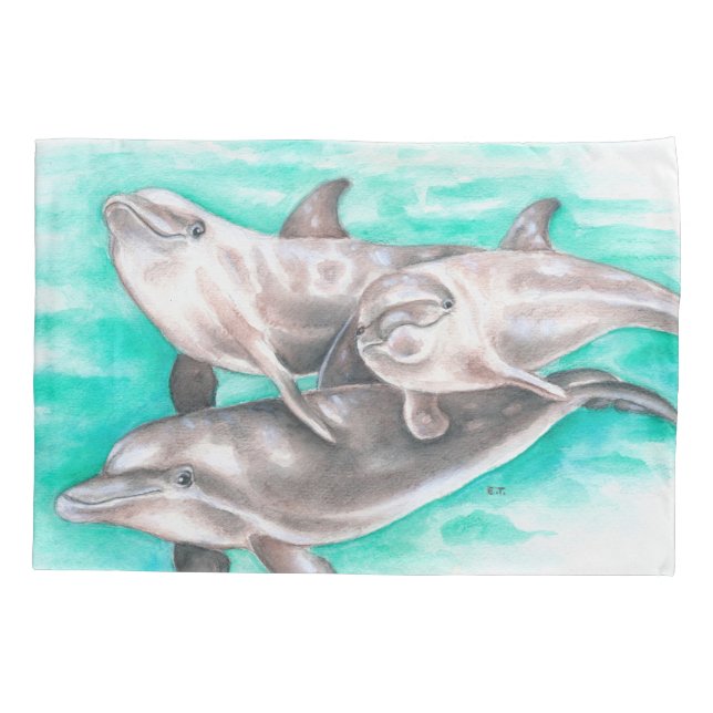 Happy Dolphins Teal Pillowcase (Back)