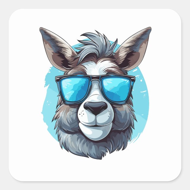 Happy Donkey with Sunglasses on a blue Background Square Sticker (Front)