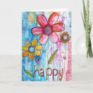 *~**~ HAPPY Doodle Colourful Whimsical Flower Thank You Card
