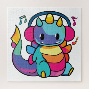 Happy dragon with headphones listening to music. jigsaw puzzle