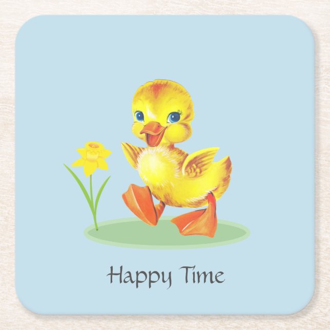 Happy Duckling on Light Blue Square Paper Coaster (Front)