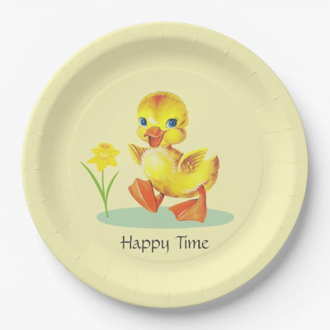 Happy Duckling on Light Yellow Party Paper Plate (Front)