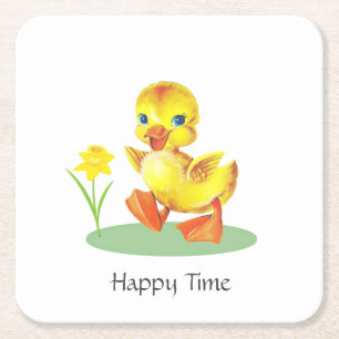 Happy Duckling on White Square Paper Coaster