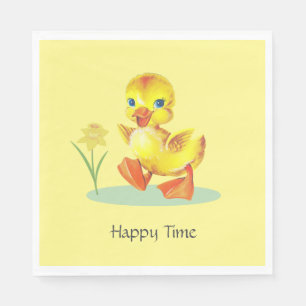 Happy Duckling on Yellow Birthday Party Napkin