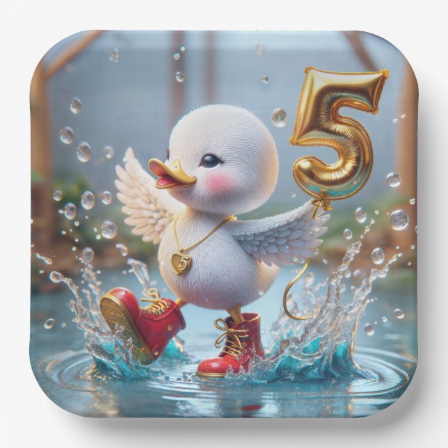Happy Duckling With #5 Birthday Balloon Paper Plate (Front)
