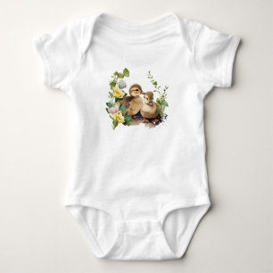 Happy Ducklings with Flowers  Baby Bodysuit