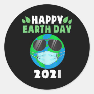 Happy Earth Day 2021 Funny Earth Wearing Mask Kids Classic Round Sticker