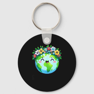 Happy earth day cute earth with floral earth day key ring
