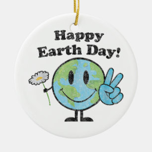 Happy Earth Day Cute Peace Sign Flower Distressed Ceramic Ornament