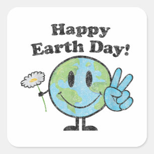 Happy Earth Day Cute Peace Sign Flower Distressed Square Sticker