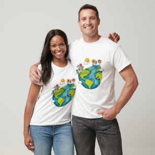 Happy Earth Day Cute Smiling Globe and Flowers T-Shirt