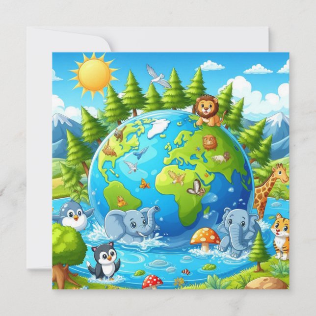Happy Earth Day - Globe Green Tree Water Continent Holiday Card (Front)
