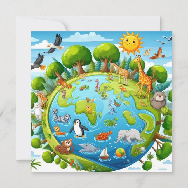 Happy Earth Day - Globe Green Tree Water Continent Holiday Card (Front)