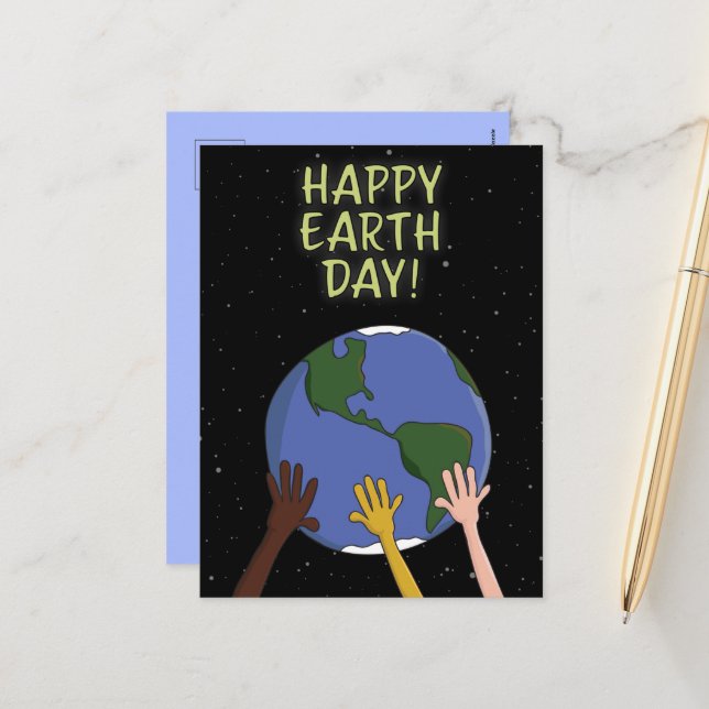 Happy Earth Day Hands Holding Planet in Space Holiday Postcard (Front/Back In Situ)