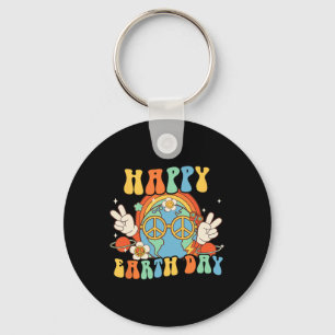 Happy Earth Day Retro Smile Groovy Peace Key Ring