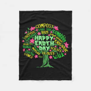 Happy Earth Day Tree Drawing Illustration Word Art Fleece Blanket