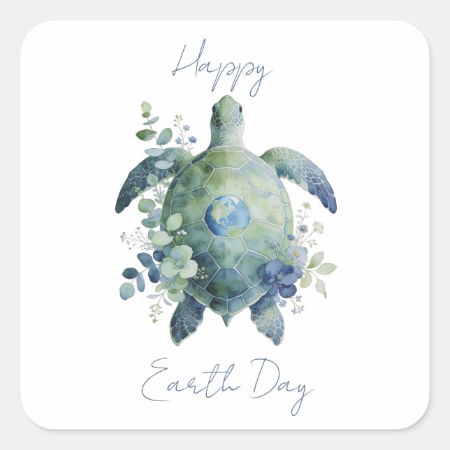 Happy Earth Day Turtle Design Square Sticker (Front)