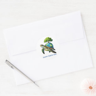 Happy Earth Day Turtle Planet and Trees Classic Round Sticker