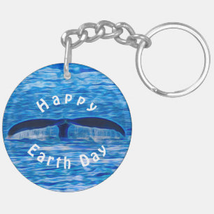 Happy Earth Day Whale Tail Blue Ocean Key Ring