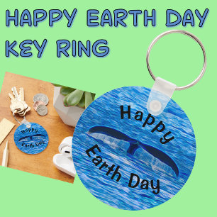 Happy Earth Day Whale Tail Blue Ocean Key Ring