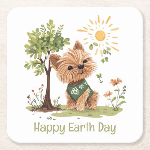 Happy Earth Day Yorkie Dog Gardening Square Paper Coaster