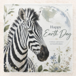 Happy Earth Day Zebra Wildlife Glass Coaster