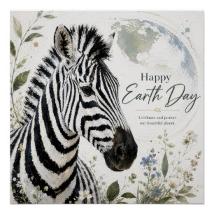 Happy Earth Day Zebra Wildlife Poster
