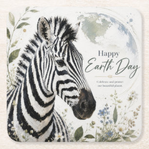 Happy Earth Day Zebra Wildlife Square Paper Coaster