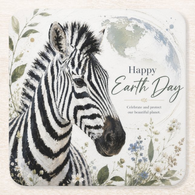 Happy Earth Day Zebra Wildlife Square Paper Coaster (Front)
