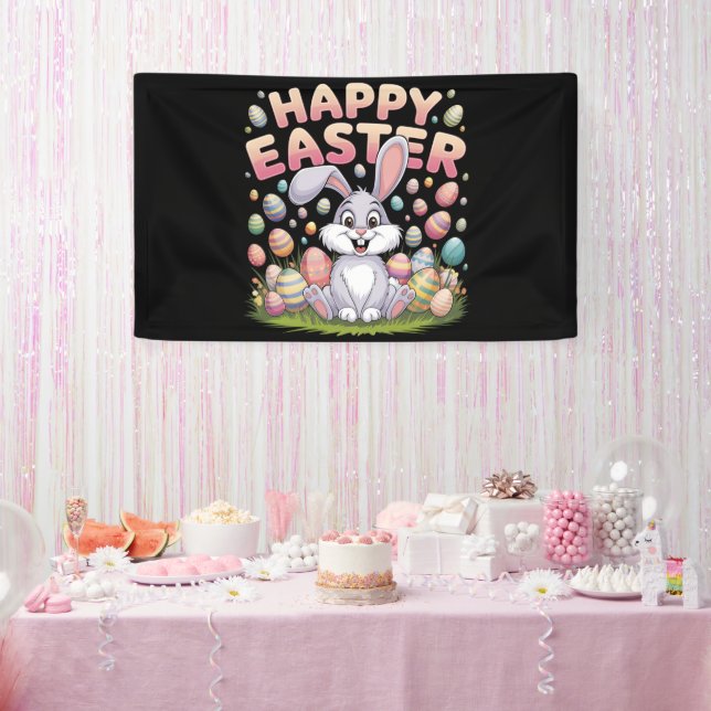 Happy Easter 2025  Eggs Bunny Cute Rabbit Banner (Party)
