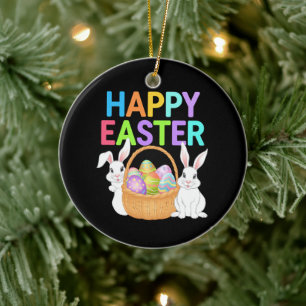 Happy Easter 2025  Eggs Bunny Cute Rabbit Ceramic Ornament