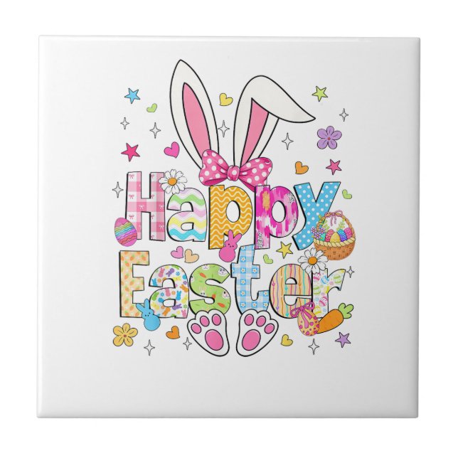 Happy Easter 2026 Cute Bunny Rabbit Easter Day Wom Ceramic Tile (Front)