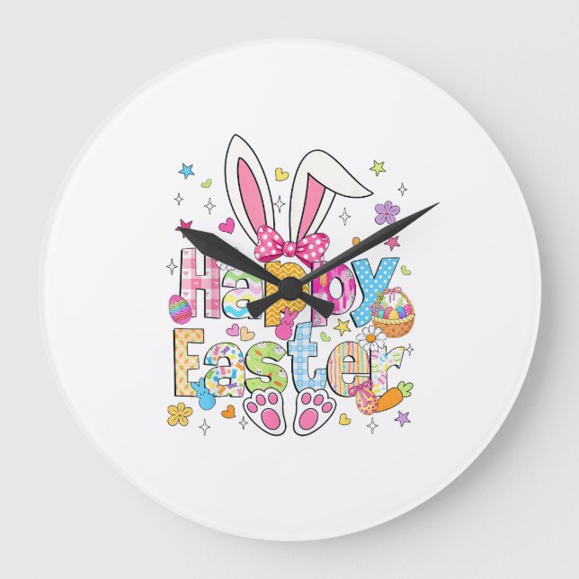 Happy Easter 2026 Cute Bunny Rabbit Easter Day Wom Large Clock (Front)