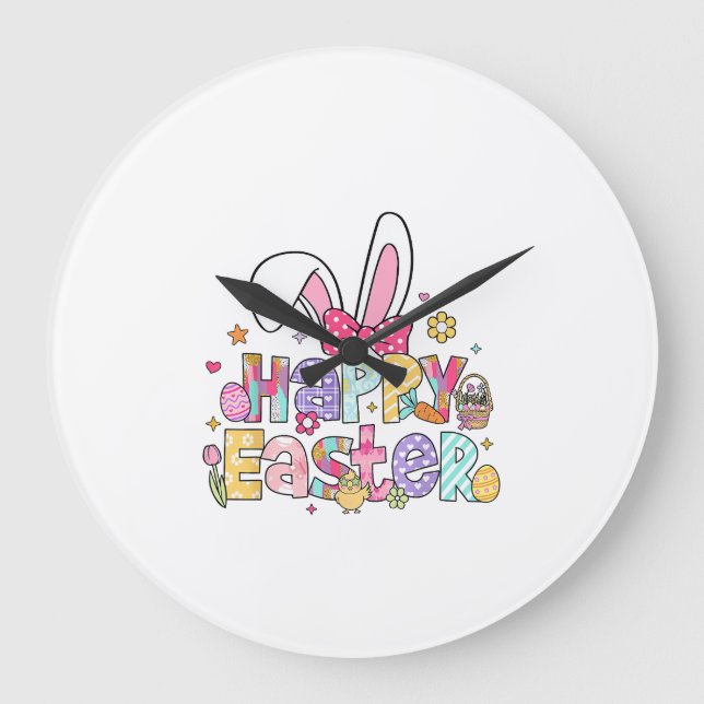 Happy Easter 2026 Cute Bunny Rabbit Easter Day Wom Large Clock (Front)