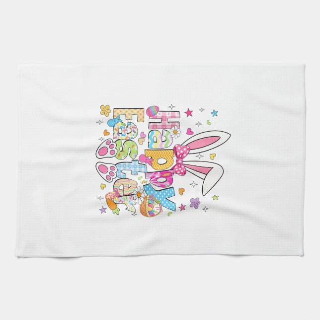 Happy Easter 2026 Cute Bunny Rabbit Easter Day Wom Tea Towel (Horizontal)