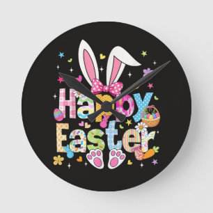 Happy Easter 2026 Cute Bunny Rabbit Round Clock