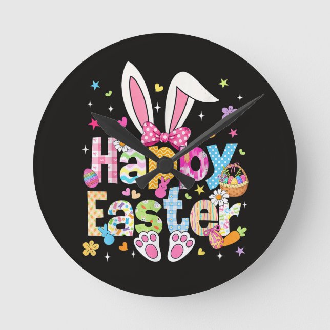 Happy Easter 2026 Cute Bunny Rabbit Round Clock (Front)