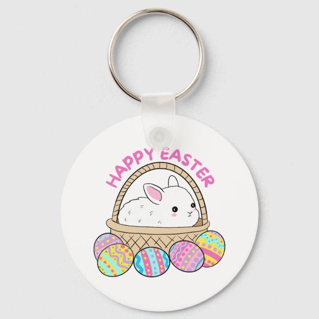 Happy Easter A Cute Easter Bunny In A Basket Key Ring (Front)