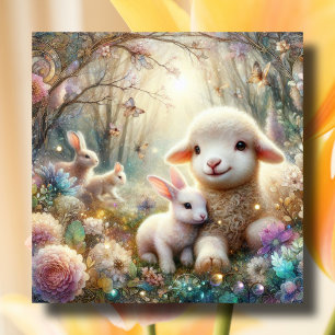 Happy Easter Art Nouveau Bunnies Lamb Woodland Holiday Card
