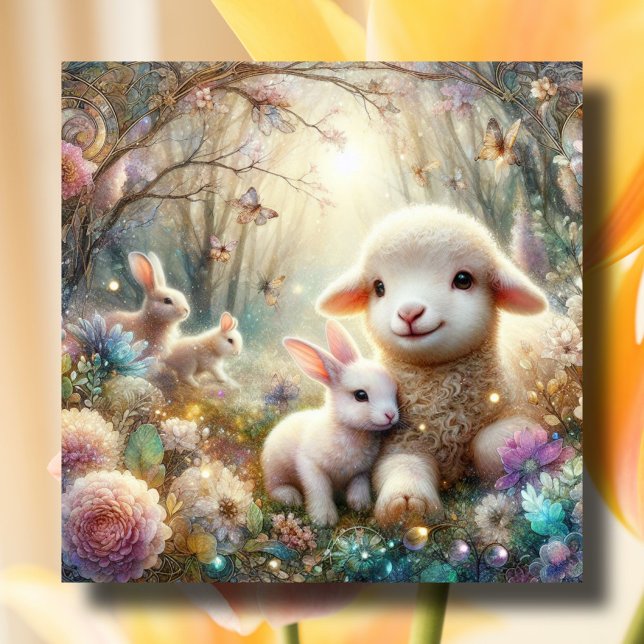 Happy Easter Art Nouveau Bunnies Lamb Woodland Holiday Card (Creator Uploaded)