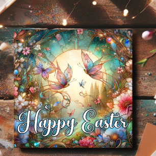 Happy Easter Art Nouveau Stained Glass Butterflies Holiday Card