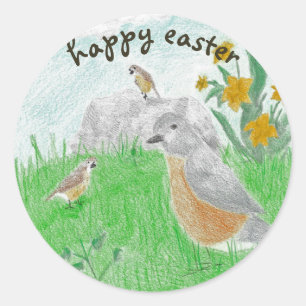 Happy Easter Artistic Flowers Robins Classic Round Sticker