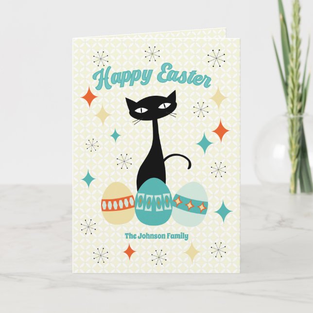 Happy Easter, Atomic Era, Mid Century Modern Cat Holiday Card (Front)