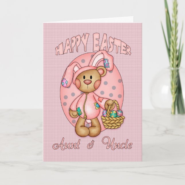 Happy Easter - Aunt & Uncle - Cute Teddy Bear In B Holiday Card (Front)