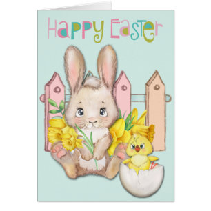 Happy Easter Baby Bunny and Chick with Daffodils