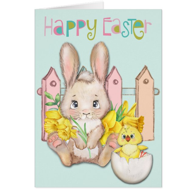 Happy Easter Baby Bunny and Chick with Daffodils (Front)