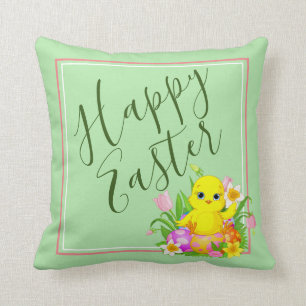 Happy Easter Baby Chick and Flowers Cushion
