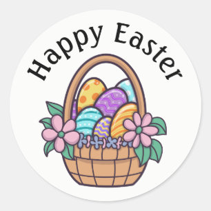 Happy Easter Basket, Easter Eggs And Flowers Classic Round Sticker