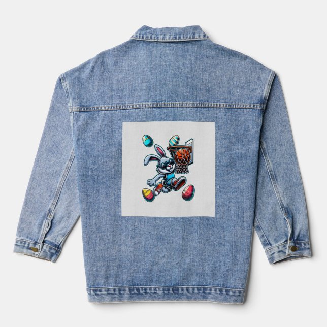 Happy Easter Basketball Boys Easter Bunny Funny Ea Denim Jacket (Back)