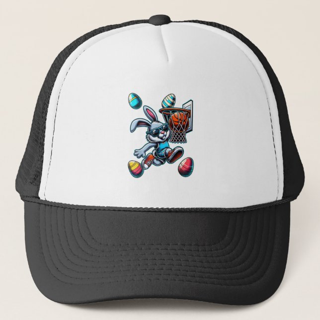 Happy Easter Basketball Boys Easter Bunny Funny Ea Trucker Hat (Front)